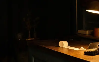 Un bancone vuoto a fine giornata con un rotolo di scontrini e un terminale fermo