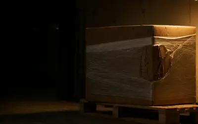 L'angolo di un bancale con un cartone avvolto nel film estensibile