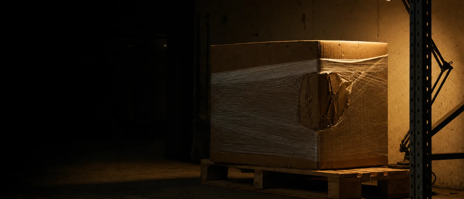 L'angolo di un bancale con un cartone avvolto nel film estensibile