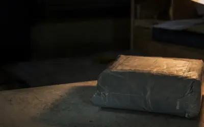 Un piccolo pacco in plastica grigia con la busta della dogana su un bancone postale